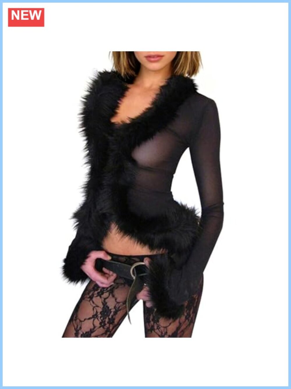 Faux Fur Trim Sheer Mesh Crop Cardigan